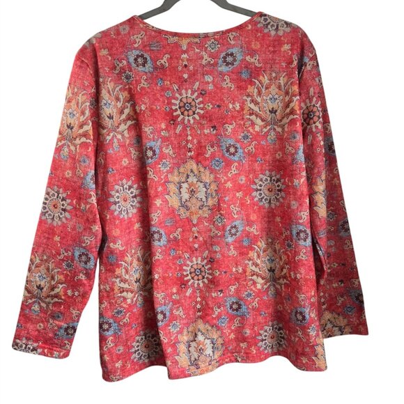 Noracora XXL Plus Size Tunic Top Boho Floral V-Neck Long Sleeve Coral Relaxed - Picture 2 of 9
